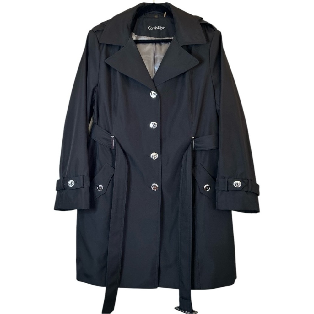 Calvin Klein XXL Black Trench Coat Fully Lined with Removable Hood Silver detail